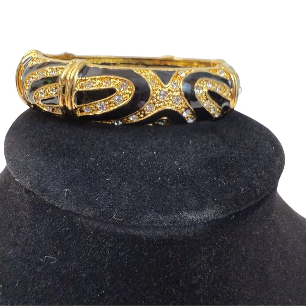Y2k Rhinestone Gold Black Enamel Bracelet Vintage Hinged Clasp - Picture 3 of 16